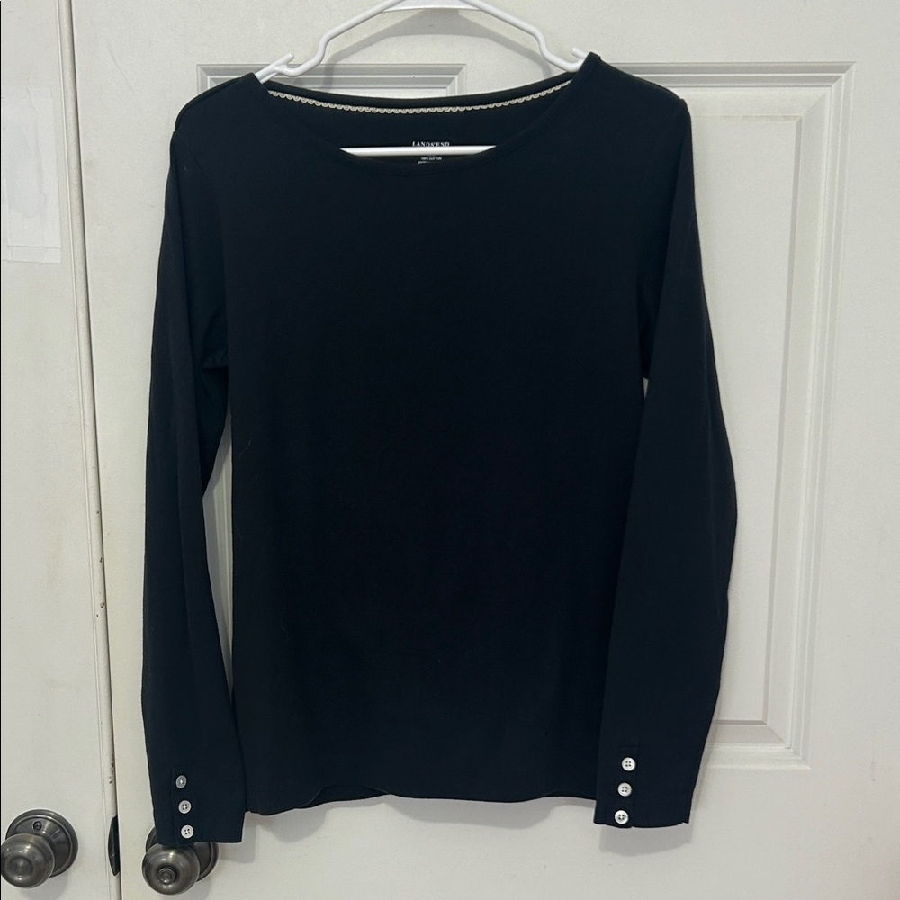 Lands' End Classic Black Long Sleeve Tee Shirt size medium buttons @ cuff cotton